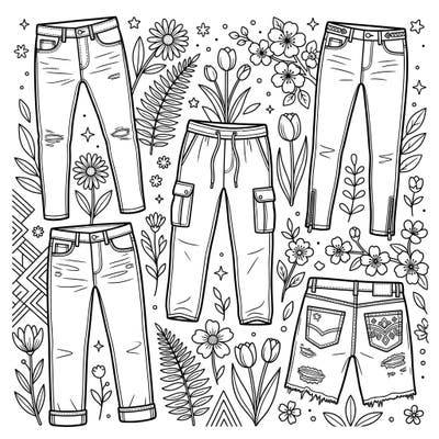 Dive into the world of men's denim with this engaging coloring page, perfectly tailored for creative teens. Featuring an array of stylish jeans, cargo pants, and shorts, it's a celebration of spring fashion.