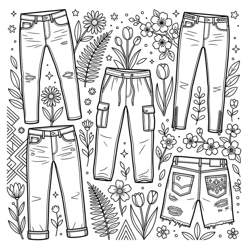 Dive into the world of men's denim with this engaging coloring page, perfectly tailored for creative teens. Featuring an array of stylish jeans, cargo pants, and shorts, it's a celebration of spring fashion.