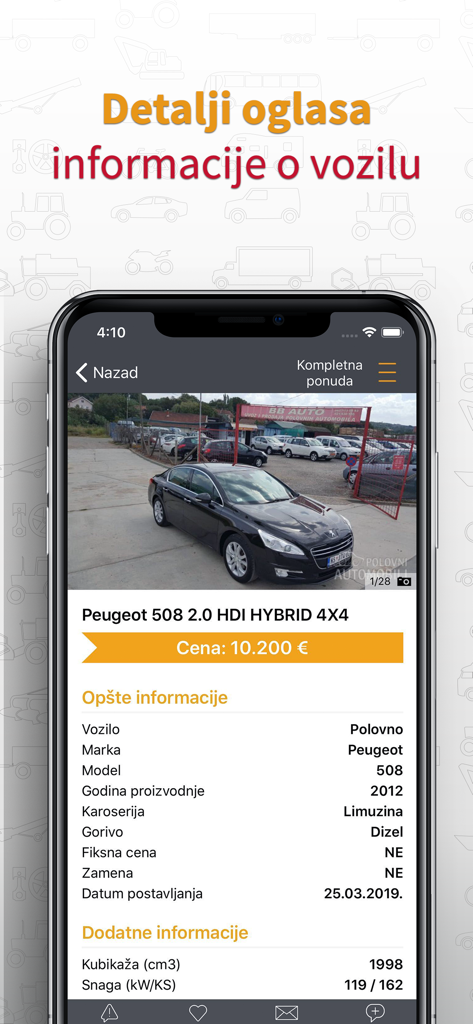A detailed vehicle listing for a Peugeot 508 on the PolovniAutomobili mobile app showing technical specifications and price.