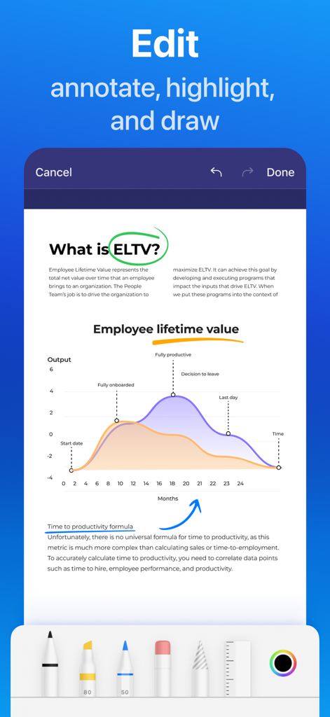 Edit and annotate scanned documents with highlighting and drawing tools in Scanner Pro