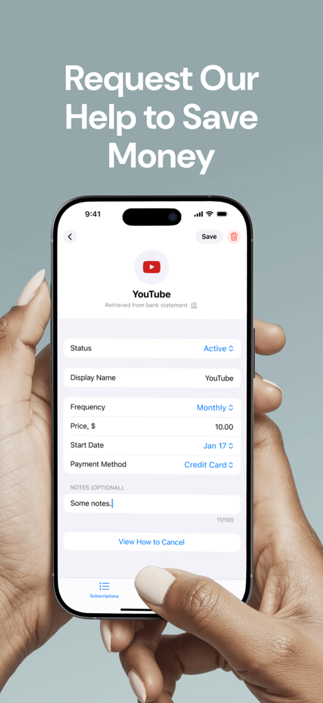 Feenko: Subscription Manager - Feenko app screen displaying YouTube subscription details with an option to view how to cancel.