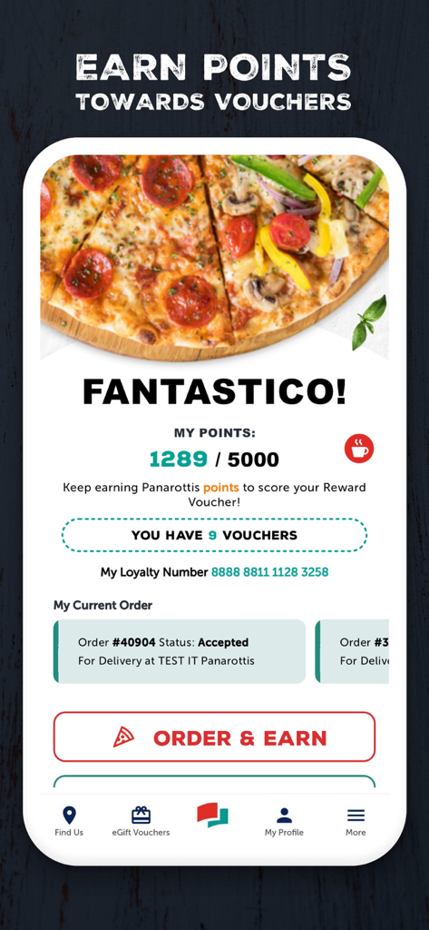Panarottis app screen displaying loyalty points balance and current order status