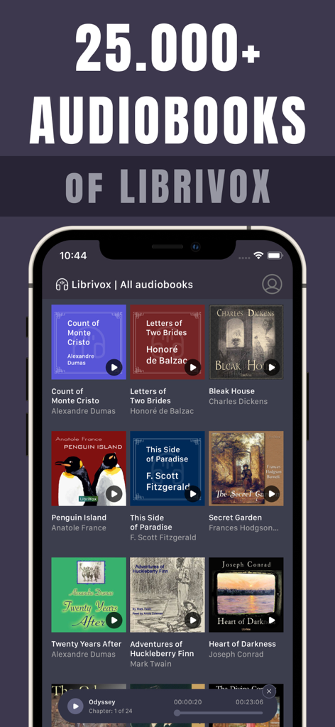 Librivox - All Audiobooks - iPhone screen displaying a collection of classic public domain audiobooks including Count of Monte Cristo and Bleak House