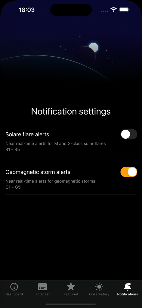 Aurora - Solar Observatory - Notification settings screen of the Aurora app showing toggles for solar flare and geomagnetic storm alerts.