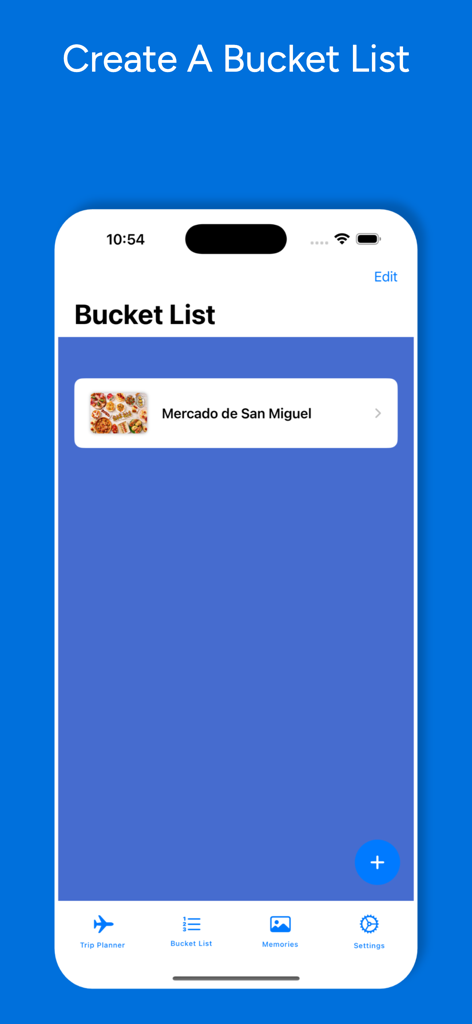 Easy Trip Planner app interface showing a travel bucket list with a saved destination for Mercado de San Miguel