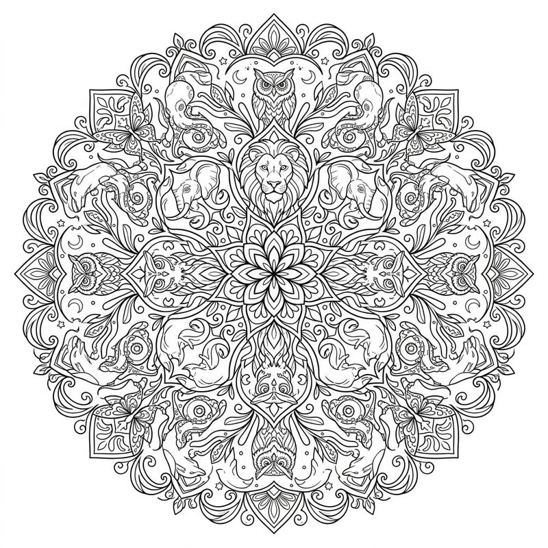Immerse yourself in the captivating world of this Animal Mandala coloring page, where wild creatures blend seamlessly into a stunning symmetrical design. Perfect for unwinding, this intricate template offers hours of creative enjoyment for colorists of all ages.
