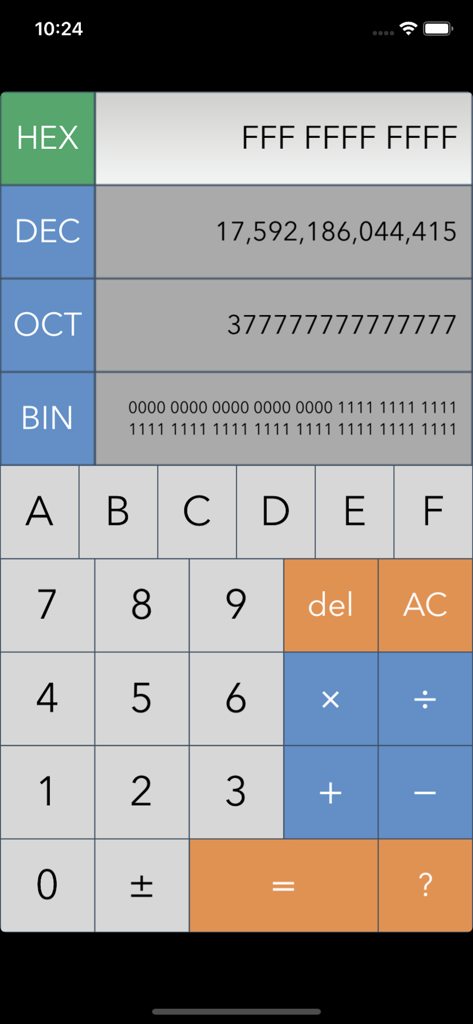 Dev Calc Pro (Hex Dec Oct Bin) - Interface of Dev Calc Pro displaying hexadecimal decimal octal and binary conversions simultaneously on one screen