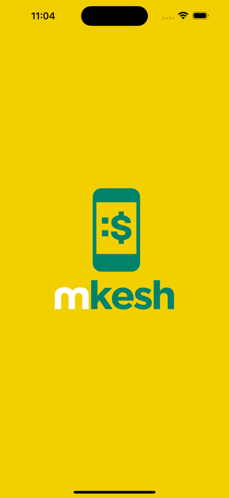 mkesh - The splash screen of the mkesh mobile money app showing a green smartphone icon with a dollar sign and the mkesh brand name on a yellow background