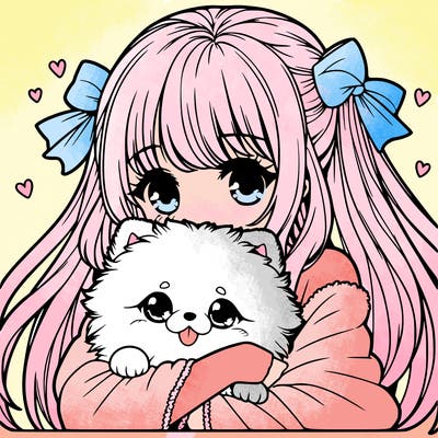 manga girl cuddling a kawaii pomeranian
