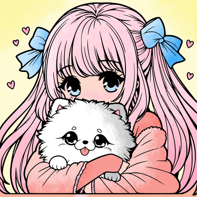 manga girl cuddling a kawaii pomeranian