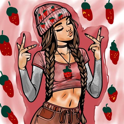 realistic teenage girl with braids and a beanie and crop top doing 🫶🏼