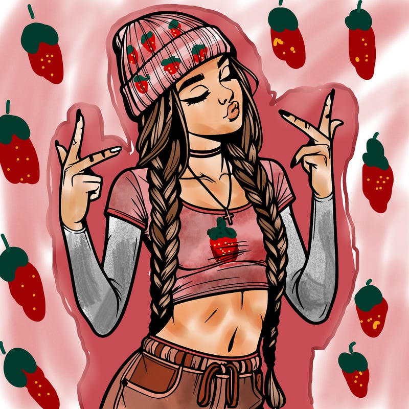 realistic teenage girl with braids and a beanie and crop top doing 🫶🏼