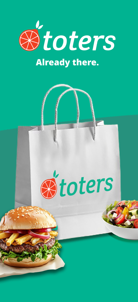 Toters app promotion showing a burger, a fresh salad, and a branded white paper delivery bag on a teal background.