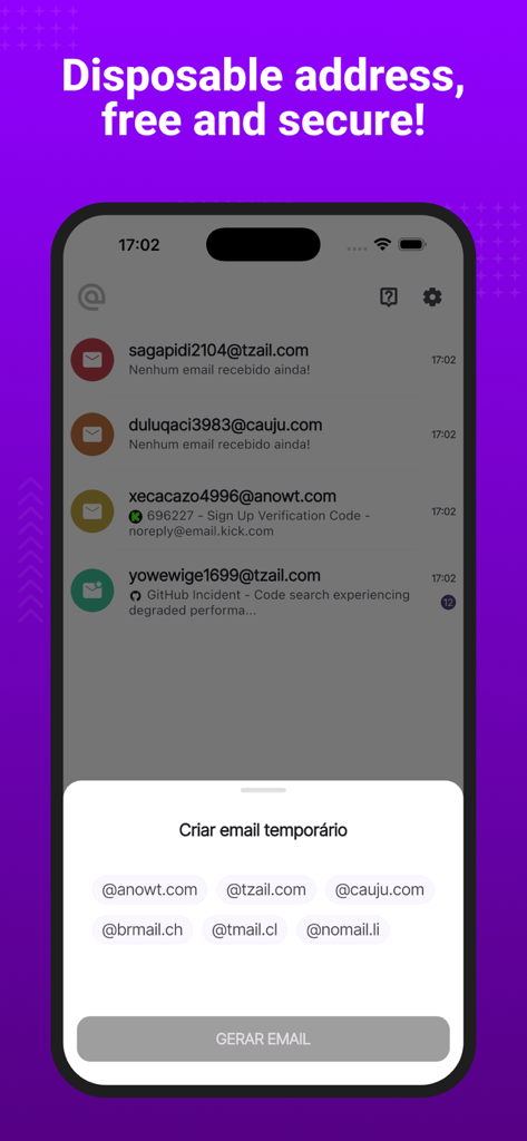 Interface of the Fake Mail app showing a list of active temporary email addresses and options to generate new ones using multiple domains.