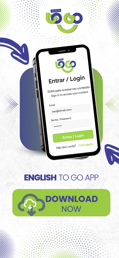 English to Go APP - Login screen of the English to Go mobile app featuring a download now button and fields for email and password
