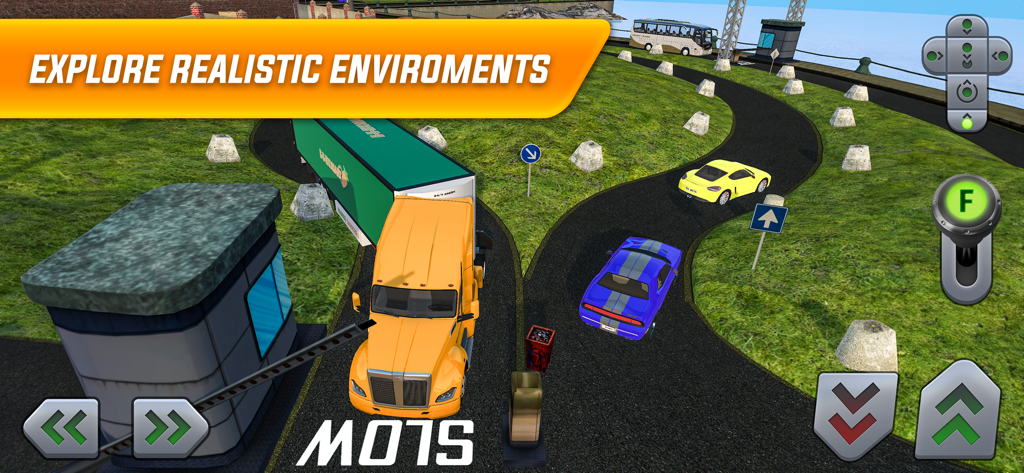 Visão de cima para baixo de um caminhão amarelo e carros navegando por uma estrada curva do porto em um simulador de direção