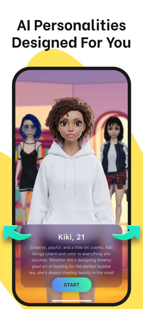 Juds- AI Friend & Chat - Pantalla de selección de la aplicación Juds con varias personalidades de amigos IA y un perfil para Kiki