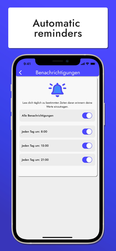Your Peak Flow - Smartphone screen showing the automatic daily notification reminders in the Your Peak Flow asthma tracking app.
