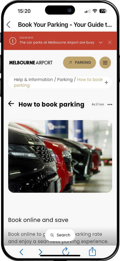 Screenshot of the Melbourne Airport app showing the parking booking guide and status alerts