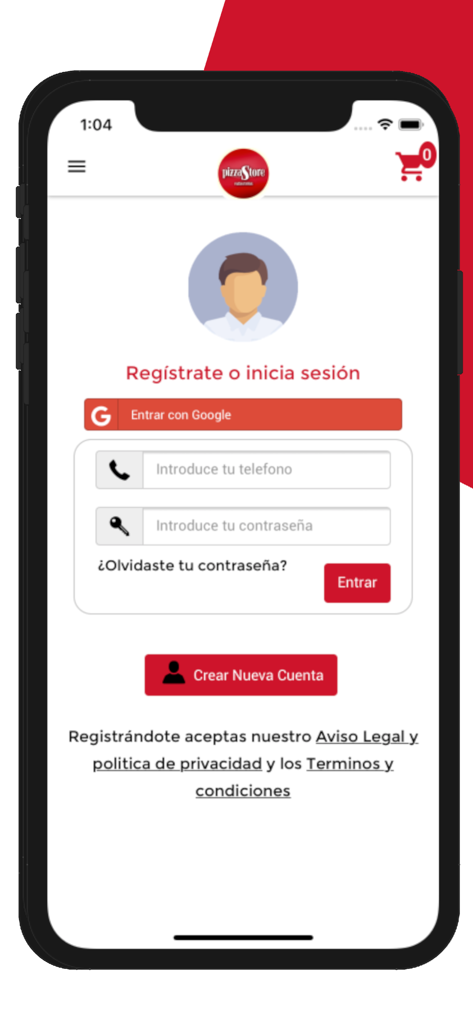 PizzaStore - Login- und Registrierungs-Oberfläche für die PizzaStore Pizza-Liefer-App