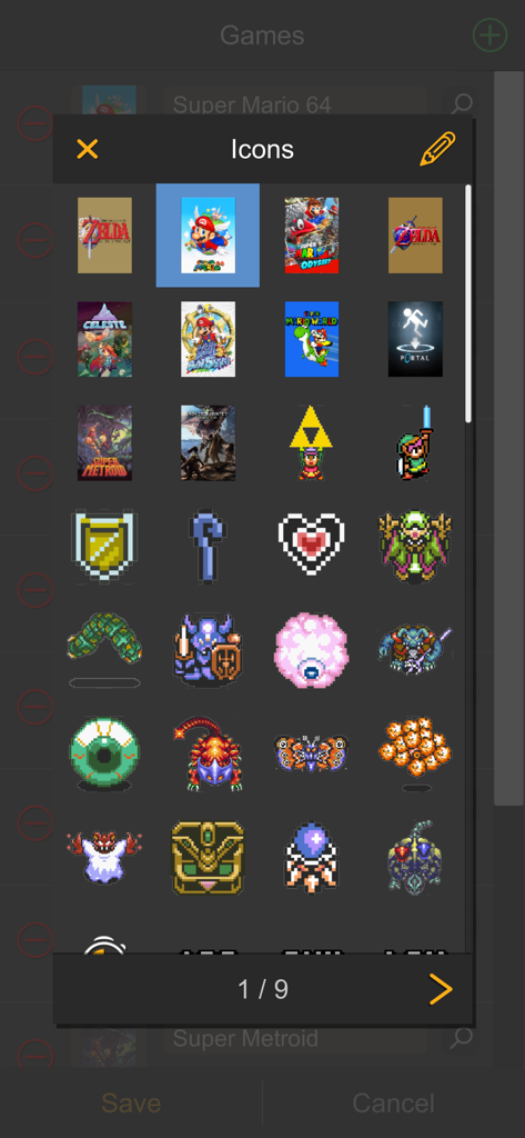 FramePerfect Speedrun Timer - A menu in the FramePerfect app showing various retro game covers and pixel art icons for speedrun customization