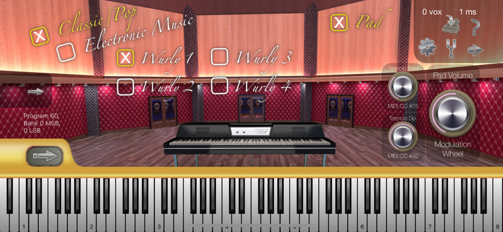 Colossus Piano - Interfaccia dell'app Colossus Piano che mostra la selezione del modello di pianoforte elettrico e i controlli dello studio virtuale