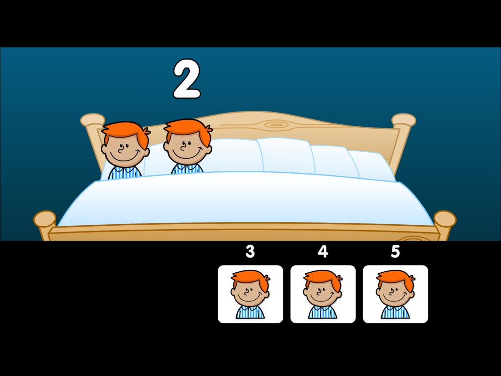 Kontrastreicher Zählbildschirm für SEND-Lernende, der Figuren in einem Bett und einen numerischen Zahlenstrahl zeigt