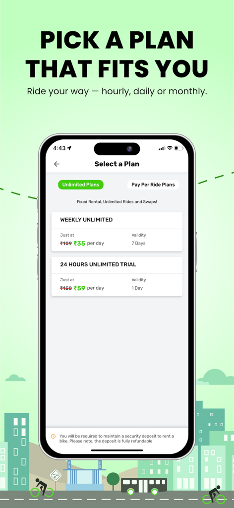 MYBYK - Pedal & EBike Rental - MYBYKモバイルアプリのインターフェース。さまざまな無制限自転車レンタルサブスクリプションプランを表示しています。