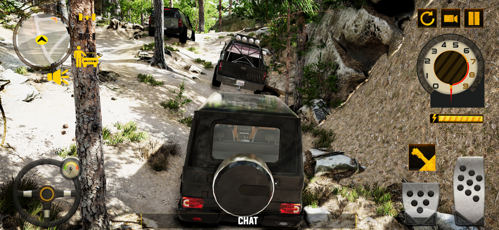 Several 4x4 vehicles navigating a rocky forest path in multiplayer mode