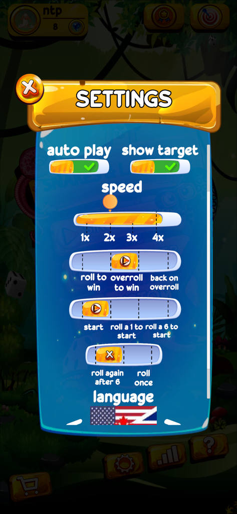 Snakes & Ladders Offline - Menú de configuración de la aplicación Serpientes y Escaleras Sin Conexión que muestra reglas de juego personalizables y opciones de velocidad