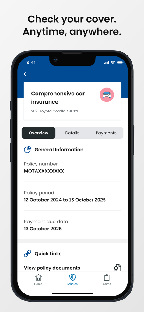 State - Mobile screen showing a car insurance policy overview with coverage details and policy period in the State app