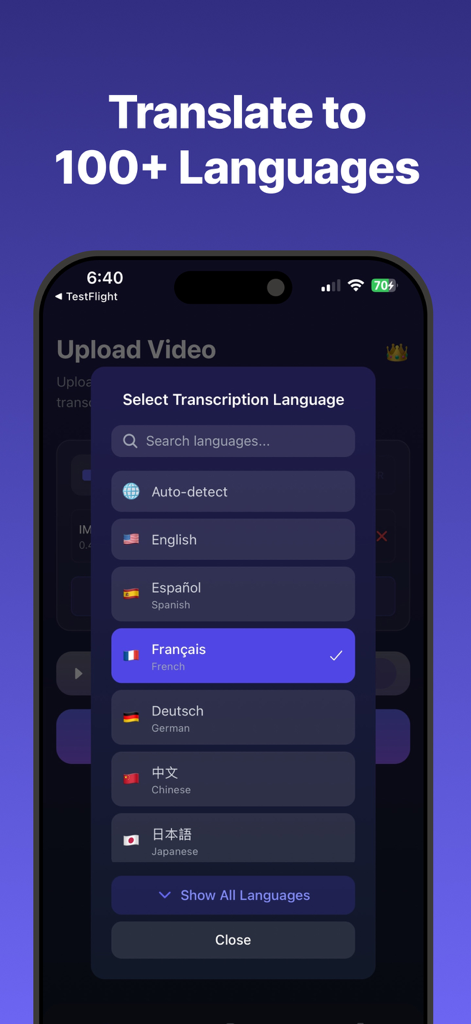 Transcribe Video to Text: Vid2 - 100개 이상의 언어로 동영상 전사 및 번역을 위한 언어 선택을 표시하는 모바일 앱 인터페이스.