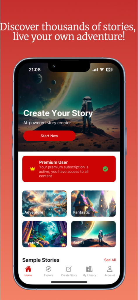 Storyland AI app interface showing categories like adventure and sci-fi for AI-powered children's stories.