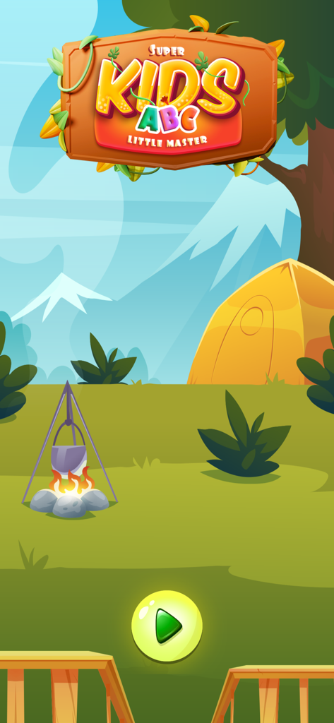 Super Kids App - Pantalla de inicio de la aplicación educativa Super Kids ABC con un tema de campamento de dibujos animados y botón de reproducir