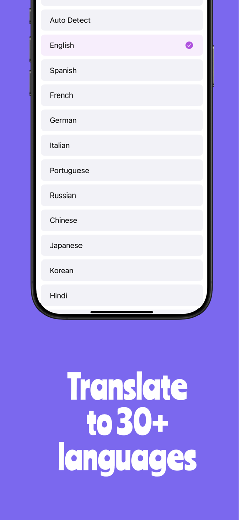 Wisp AI Note Taker - Wisp AI Note Taker app interface showing a list of over 30 supported languages for transcription and translation.