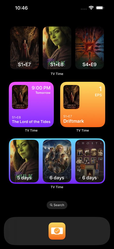 Widget dell'app Television Time sulla schermata Home di un iPhone che mostrano il tracciamento degli episodi delle serie TV e i countdown