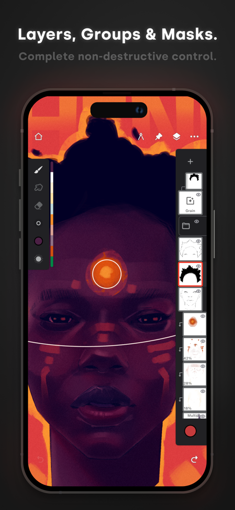 Infinite Painter app interface on a mobile phone showing layers and masks for a digital portrait painting
