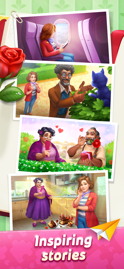 Puzzle Villa: Jigsaw Games - Eine Collage von Charakter-Story-Momenten aus dem Puzzle Villa Puzzle-Spiel, einschließlich Szenen von Reisen, Romantik und Familienleben
