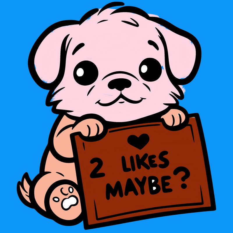 a puppy holding a sign that says 2 likes maybe?