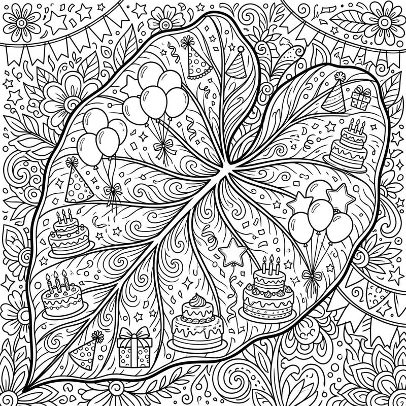Get ready for a unique birthday celebration with this enchanting coloring page featuring a magnificent elephant ear leaf. Adorned with festive cakes, balloons, and party hats, it’s a botanical twist on classic party fun.