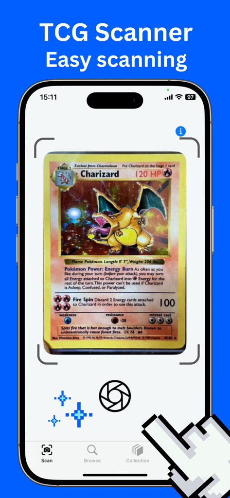 Interface de smartphone montrant l'application TCG Scan en train de scanner une carte Charizard holographique