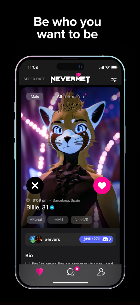Interface de l'application Nevermet montrant un profil de rencontres VR avec un avatar de renard stylisé et un bouton J'aime.