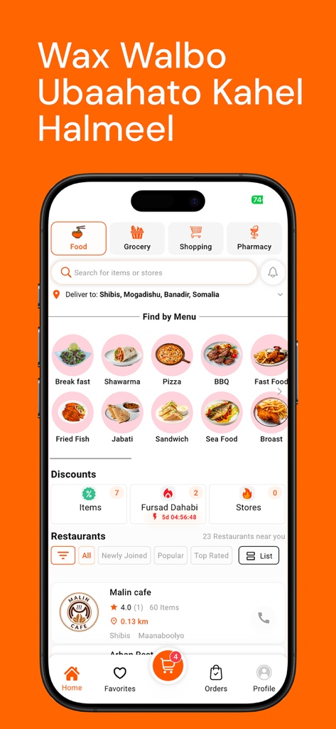 Caawiye mobile app interface showing food and grocery delivery options in Mogadishu Somalia