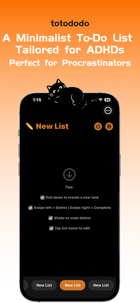 totododo - Totododo app interface showing a minimalist to-do list for ADHD with helpful usage tips and a black cat mascot