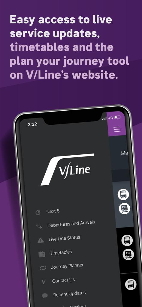 V/Line - VLine mobile app main menu showing journey planning and live update options