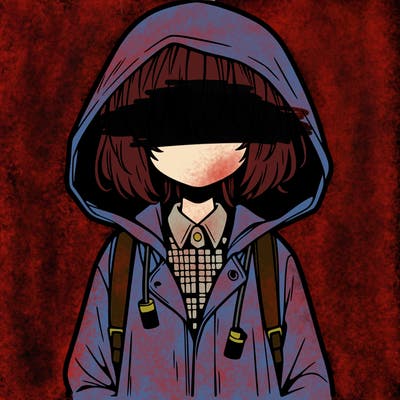 little anime girl in a raincoat her hair is covering her eyes she has a lighter