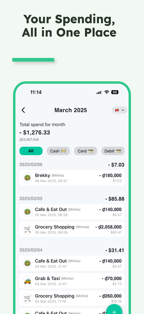 Interfaccia dell'app NomadWallet che mostra un elenco di spese di viaggio con conversione automatica di valuta e tracciamento dell'account condiviso