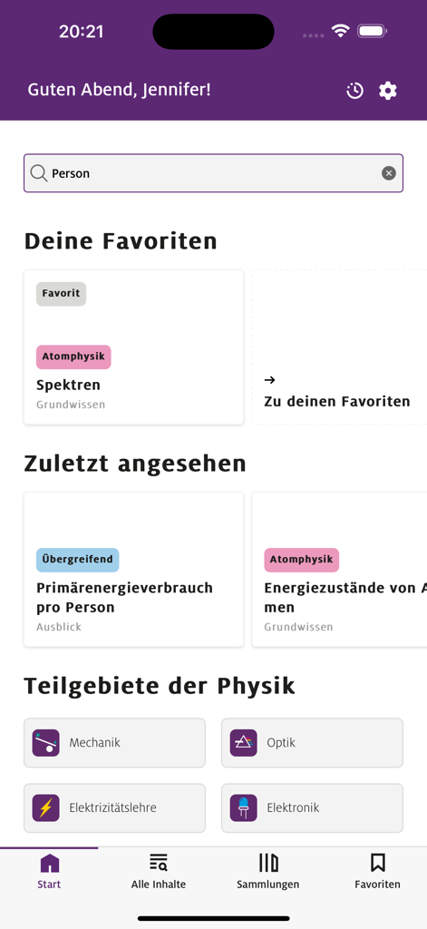 LEIFIphysik - Tela inicial do aplicativo LEIFIphysik exibindo tópicos e categorias de estudo de física