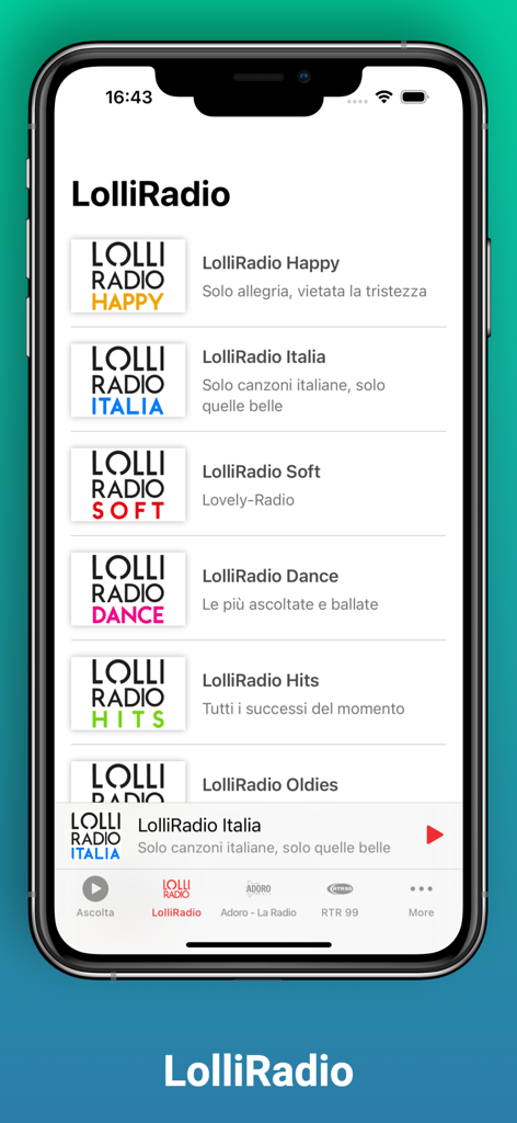 LolliRadio - Interfaz de la aplicación móvil LolliRadio que muestra varias categorías de estaciones de música italiana
