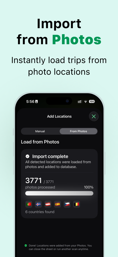 TripTrack: Days Abroad Counter - TripTrack mobile app screen showing automatic travel history import from photo location data